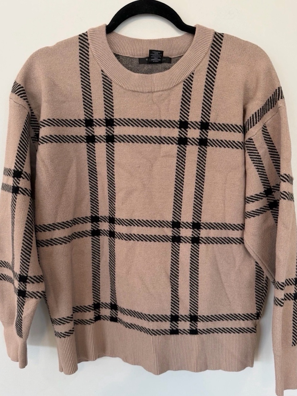 Tahari Women Large Black/Tan Plaid Knit Sweater - Soft, Neutral, Fall Classic